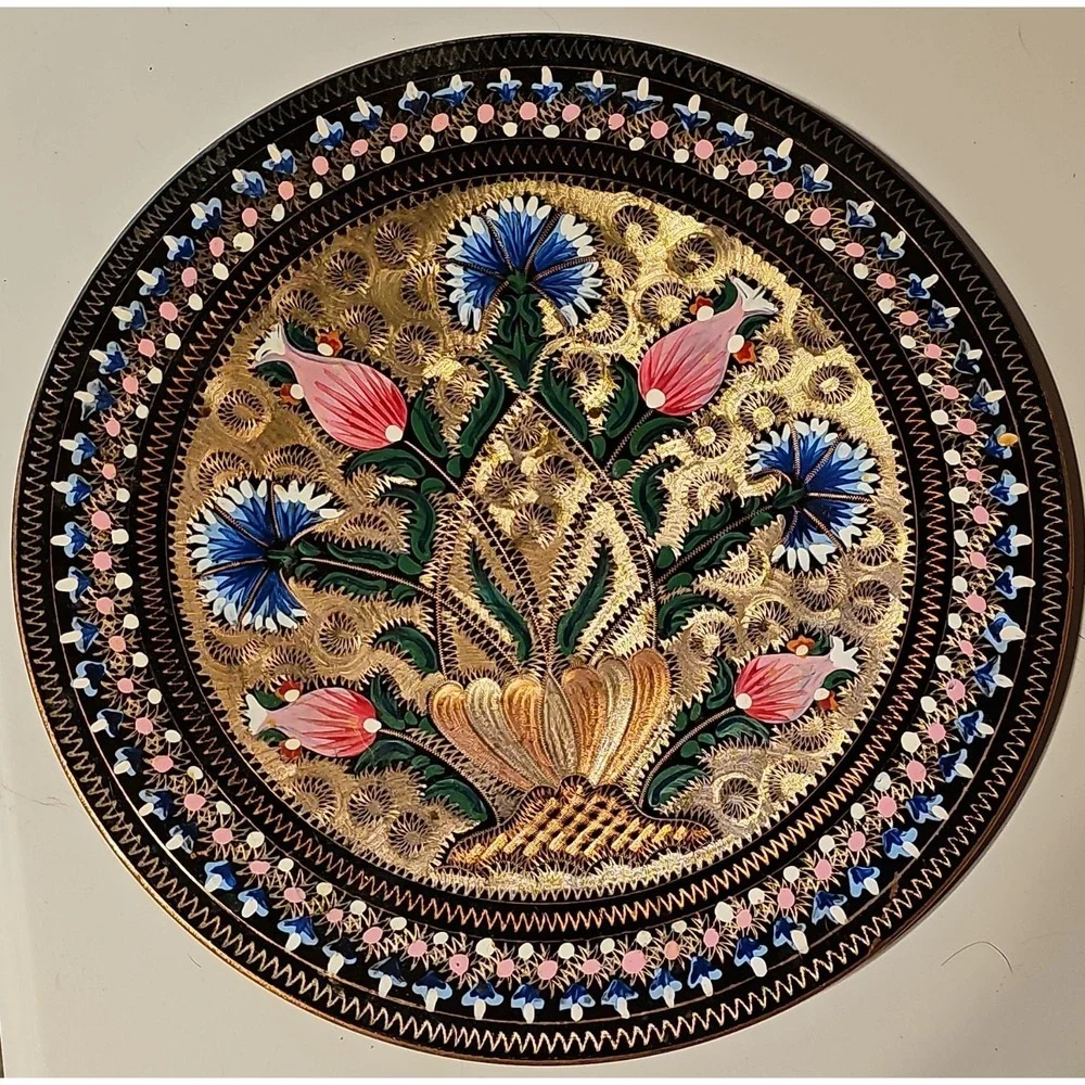 Decorative Copper Wall Plate w/ Floral Enamel Design & Hanging Loop